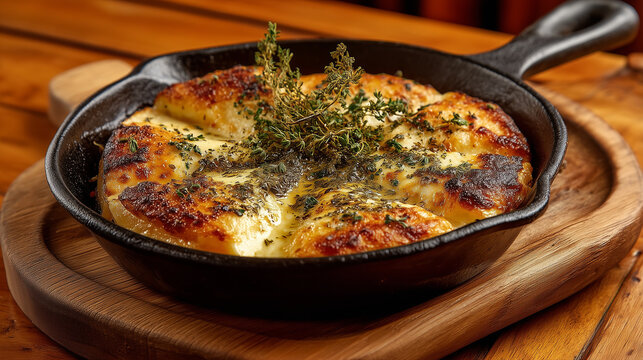 Traditional Argentine provoleta served sizzling in a cast iron skillet, melted provolone cheese with herbs and oregano, crusty golden edges, rustic wooden table