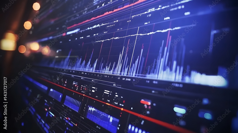 Poster close-up of a computer screen displaying complex data graphs and charts in shades of blue and red. t