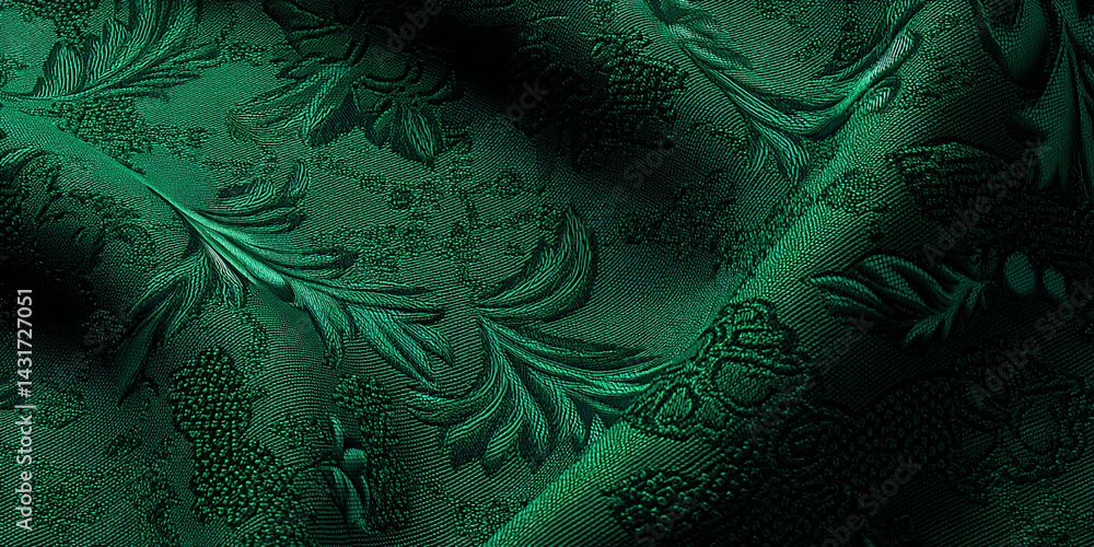 Poster close-up of dark green fabric texture with embossed floral pattern, showing soft folds and shadows, 