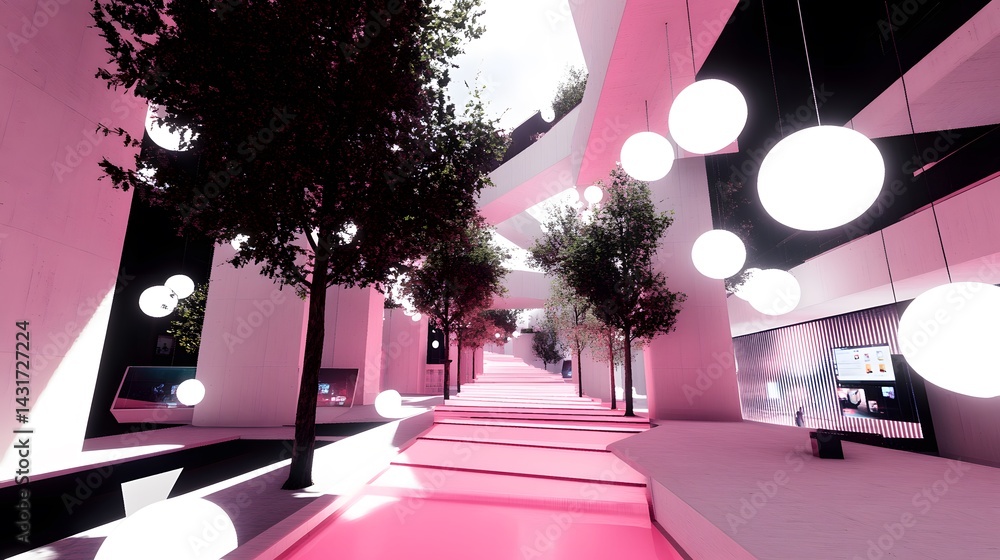 Poster pink futuristic walkway with trees and glowing lights. modern architecture with sleek lines and vibr