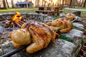 Preparaci&oacute;n de un pollo asado junto a la fogata en un entorno natural al atardecer