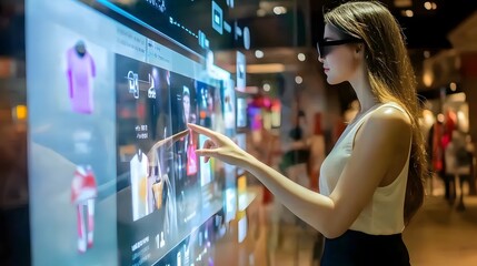 A young woman uses a large interactive touchscreen display in a modern retail store, browsing through clothing options.