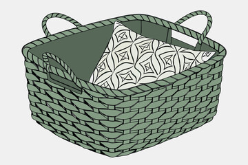 Fototapeta premium 31 Woven fabric basket, dark sage green, textured surface, overlapping layers, rounded square shape, handles on sides, soft cushion design, minimalist style, modern home decor, intricate weave pattern