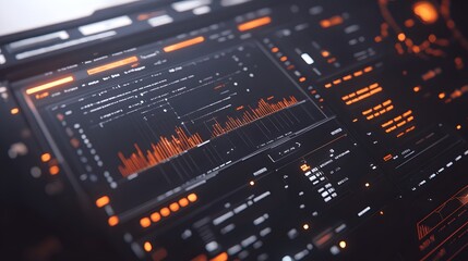 Close-up of a futuristic digital interface with glowing orange details.  Displays graphs, charts, and code, suggesting data analysis or technological innovation.