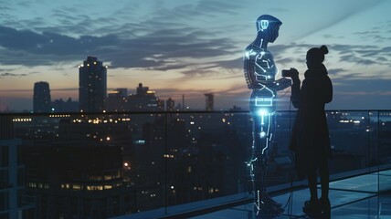 A fashion photographer on a city rooftop with an AI assistant as a digital light array in humanoid shape providing lighting and angle suggestions. AIG60