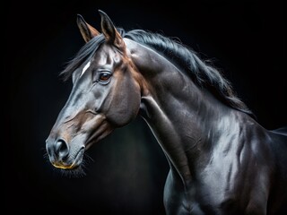 Majestic Black Stallion Head and Neck Silhouette, Dark Horse Photography, Equine Portrait