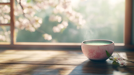 Elegant Matcha Tea Cup with Warm Window View and Floral Accent