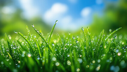 Obraz premium Green leaf glistening with morning dew, sunlight sparkling across delicate water droplets, highlighting natural beauty