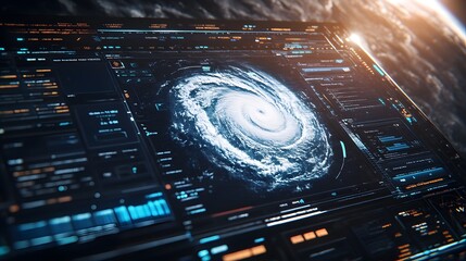 Close-up of a futuristic screen displaying a satellite image of a powerful hurricane with detailed data overlays, set against a backdrop of Earth from space.