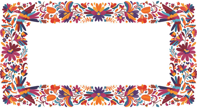 Festive Colorful Floral Otomi Frame with Birds for Cinco de Mayo Celebrations: Traditional Mexican Embroidery Inspired Design with Vibrant Details and a Joyful, Artistic Touch