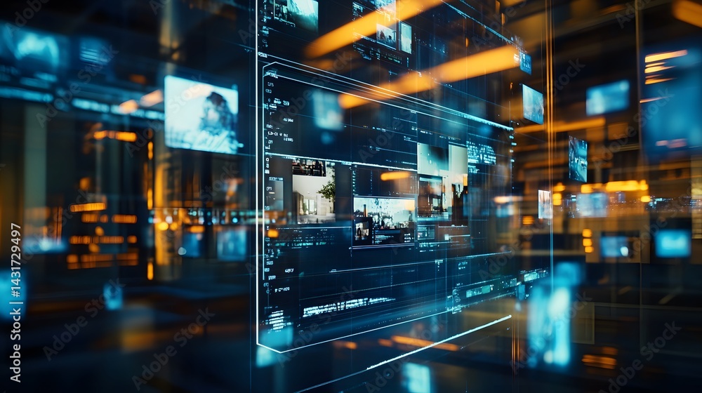 Poster abstract digital interface with glowing screens displaying data streams, videos, and information. fu