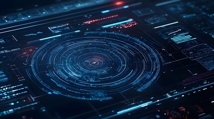 Abstract futuristic digital interface with glowing blue and red concentric circles and data streams.  Perfect for tech, AI, and science fiction projects.