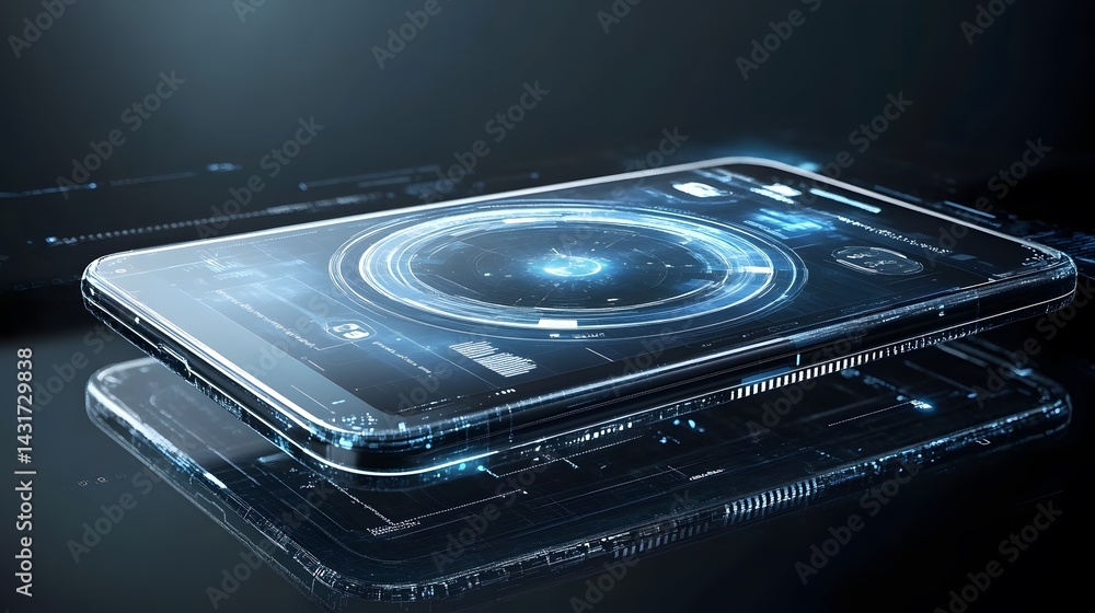 Poster futuristic smartphone with holographic interface displaying data and graphics. sleek design, dark ba