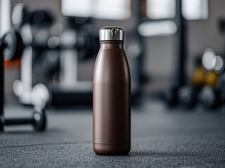 Brown Water Bottle Mockup With Blurred Background Modern Fitness Center