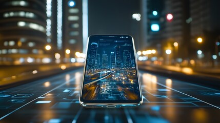 Smartphone displaying a futuristic city skyline at night.  Data overlays and a glowing digital surface enhance the smart city concept. Ideal for tech, innovation, and urban development.