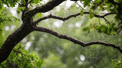 Raindrops cling to fine spider webs between the branches of old trees. background wallpaper AI generated image