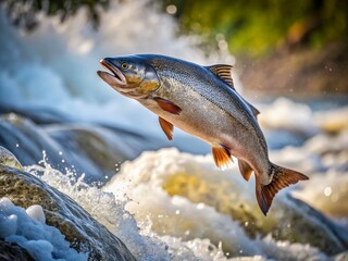 Obraz premium Majestic Chinook Salmon Leaping Upstream: High-Resolution Stock Photo