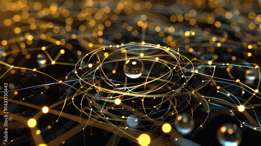 Poster abstract particle in mysterious shape structure or system connected with digital style neon light gl