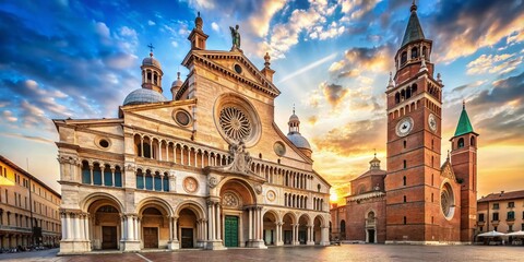 Fototapeta premium Majestic Cremona Cathedral: Italian Architectural Marvel, Sunlit Facade, Copy Space
