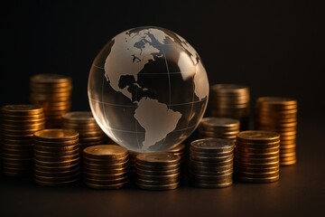 Global Finance: A glass globe symbolizing the world sits atop stacks of coins, conveying the concept of global finance, investment, and economic interconnectedness.