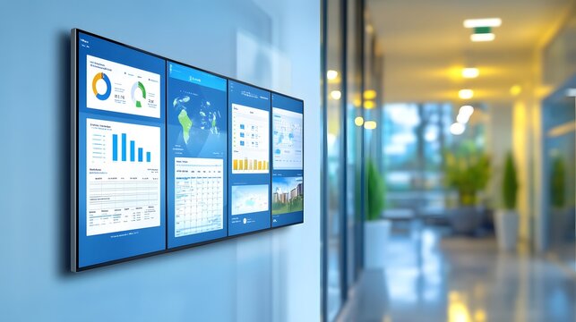 A modern office hallway with a large video wall displaying various business charts, graphs, and data visualizations. - Powered by Adobe