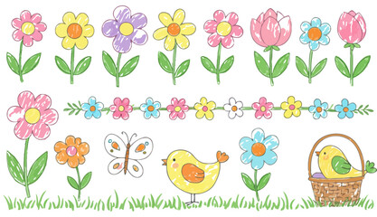 Colorful Crayon-Style Spring Elements  Vector Illustration Set of Flowers, Butterfly, and Chick in Basket