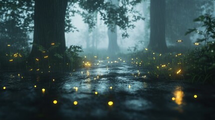 Fireflies glow softly in the rain, floating above the misty forest background wallpaper AI generated image