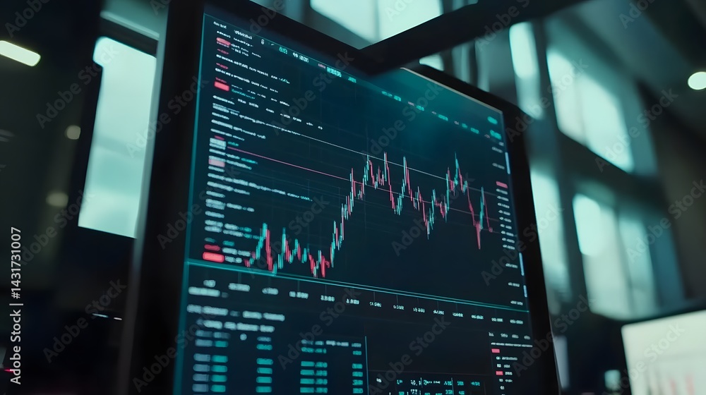 Poster close-up of a computer screen displaying dynamic stock market data, graphs, and financial charts. th