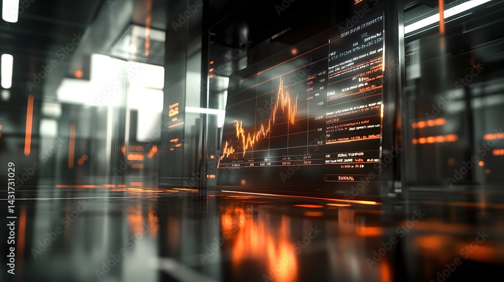 Poster futuristic stock market display. orange data streams illuminate a sleek, dark interior. reflective s