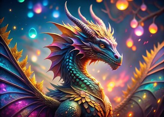 Majestic Dragon Fantasy Art: Colorful Landscape with Bokeh, Detailed Claws, Scales & Wings