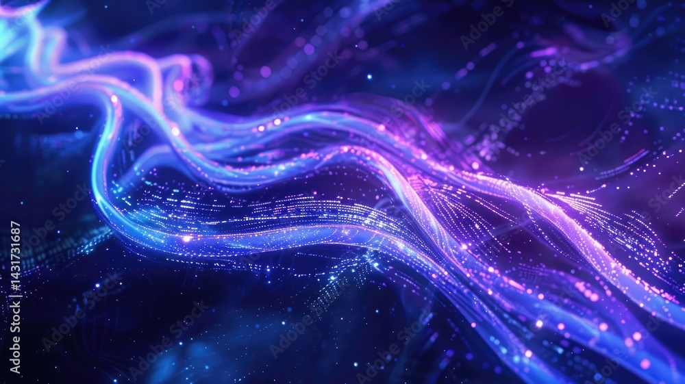 Poster abstract digital wave patterns with sparkles and bokeh. digital artwork of pastel gradient purple an