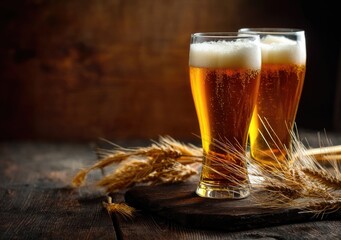 Two glowing glasses of frothy amber beer on rustic wood with wheat, set against a dark cozy background. Ideal for brewery ads, Oktoberfest designs, and beer menu visuals