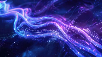 Abstract digital wave patterns with sparkles and bokeh. Digital artwork of pastel gradient purple and blue wave. Futuristic background with blue and purple hues. Background for wallpaper. AIG53.