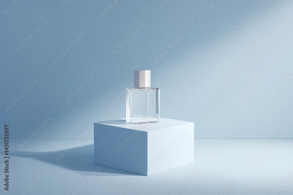 Poster elegantly lit empty podium awaits perfume bottle casting subtle shadows stark minimalistic design