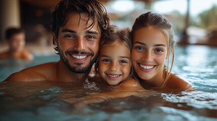 A happy family relaxing in an indoor swimming pool at a hotel resort, capturing the essence of summer vacations