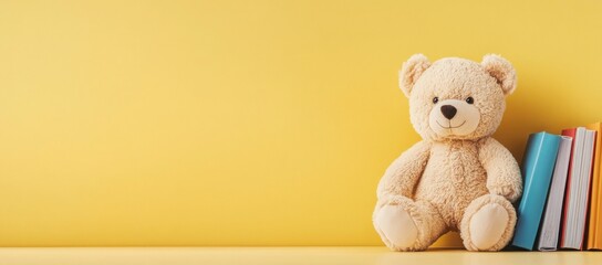 Cute teddy bear sits next to colorful books against a solid yellow background