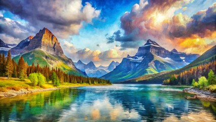 Obraz premium Majestic Glacier National Park Montana Watercolor Painting - Abstract Landscape Art