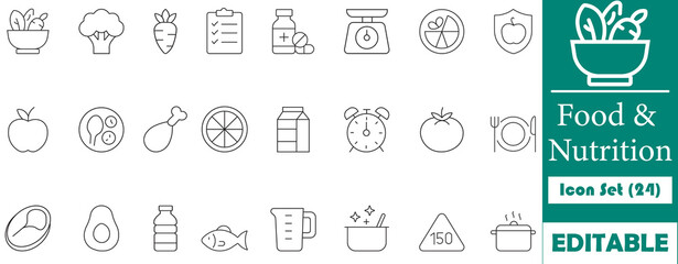 Minimalist food and nutrition icons featuring fruits, vegetables, kitchen tools, and health symbols. Perfect for food-related apps, wellness platforms, and e-commerce sites.