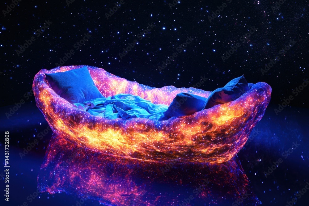 Poster cosmic bed designed with vibrant galaxy patterns in a starry space setting