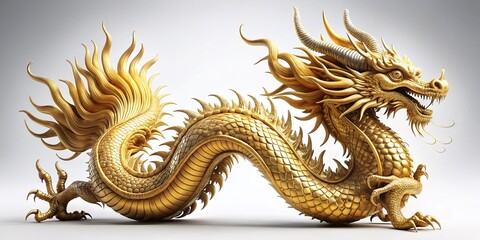 Obraz premium Majestic Golden Dragon on White Background - High-Resolution Stock Photo