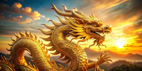 Fototapeta premium Majestic Golden Dragon Sculpture: Chinese Zodiac Symbol, Candid Photography