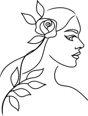 Elegant Woman Profile With Rose And Leaves Continuous Line Art Drawing