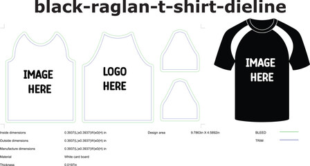 Black raglan tshirt dieline template vector graphic for apparel design and manufacturing with dimensions