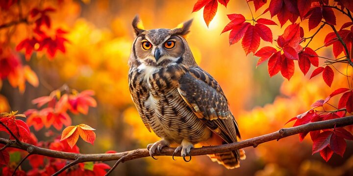 Majestic Great Horned Owl on Autumn Branch - Panoramic Wildlife Photography