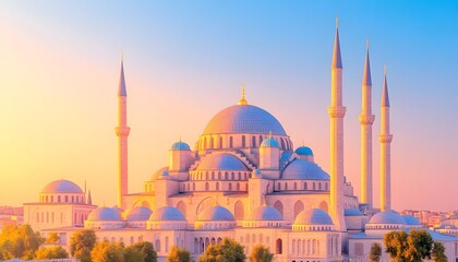 Obraz premium A grand mosque with multiple domes and minarets against a pastel sunrise sky