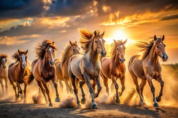 Fototapeta premium Majestic Herd of Horses Galloping Down a Country Lane at Sunset