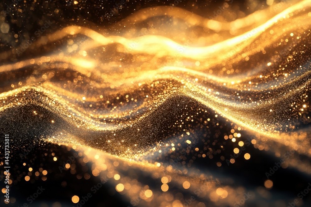 Poster golden waves of light create a captivating visual display with shimmering particles