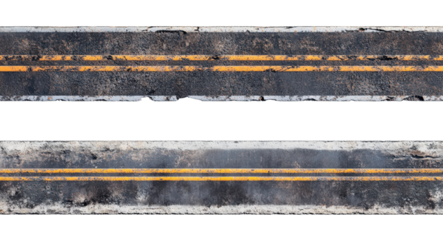 Asphalt Road with lane markings: A weathered asphalt road segment with clear lane markings, evoking a sense of journey, travel, and the passage of time.