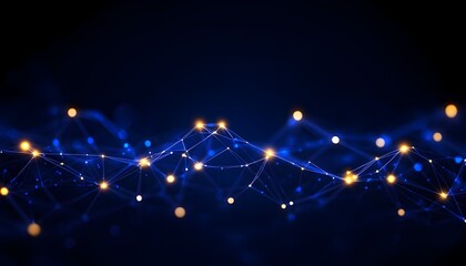Abstract blue and yellow connected dots with glowing lights on a dark background