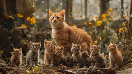 Felidae cat and her Carnivore kittens stand among flowers in the biome